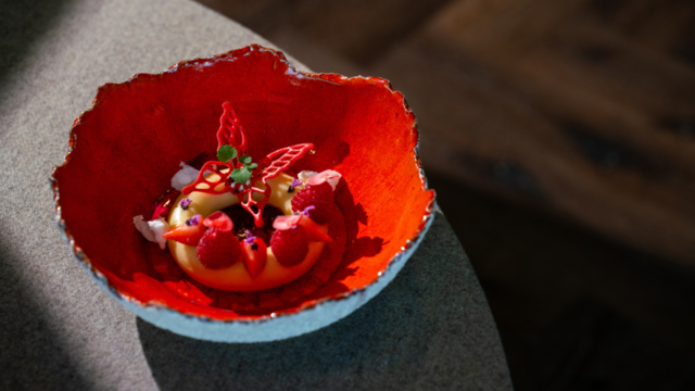 Dutch vanilla cremeux on a flaming plate