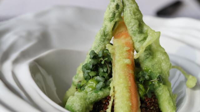 BroccoCress vegetables tempura, quinoa with Chilli Cress dressing