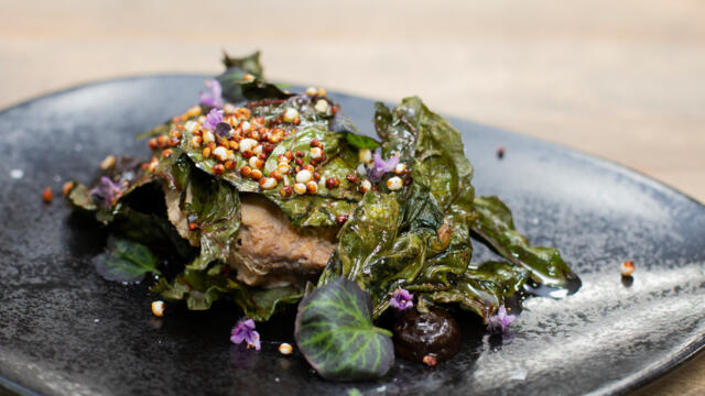 Pork and gin rillette with crispy chard, toasted quinoa and black garlic