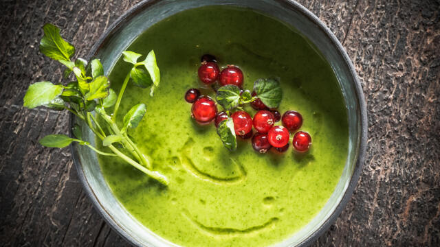 Cold watercress soup with Hippo Tops, red currant and argan oil
