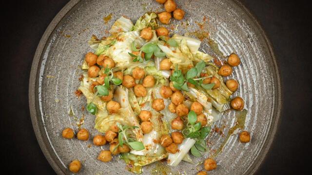 Roasted chickpea chermula with endive, lemon and Gangnam Tops