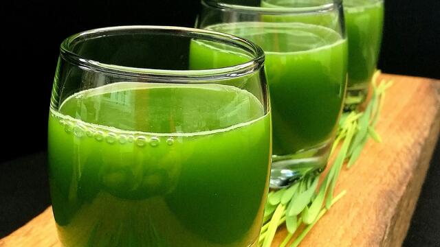 Wheat grass, apple juice and fresh ginger shot
