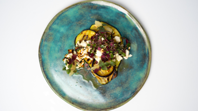 Grilled Eggplant with Shiso Bicolor and Feta Cheese