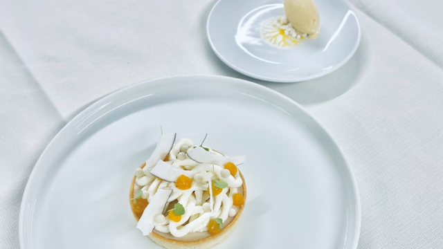 Shortcrust pastry, passion fruit gel, whipped coconut ganache, licorice ice cream
