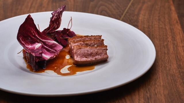 Veluwe duck, radicchio, quince, Yka Leaves