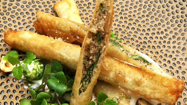 Turkish Persinette Cress Sigara Borek with Melissa Cress Pearls & Chilli Cress Dip