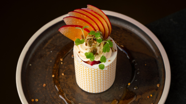 Plum, Honey, Melissa Cress, Pumpkin Seed and Mascarpone Cream Vacherin