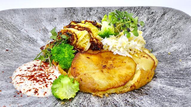 Potato omelette with braised cabbage