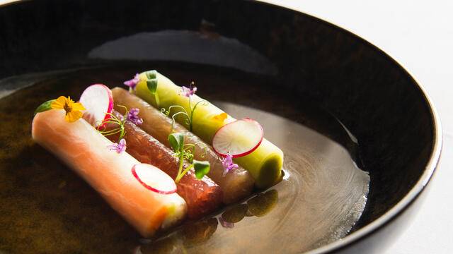 Tuna sashimi, kingfish, pickled vegetables and spicy zucchini cream