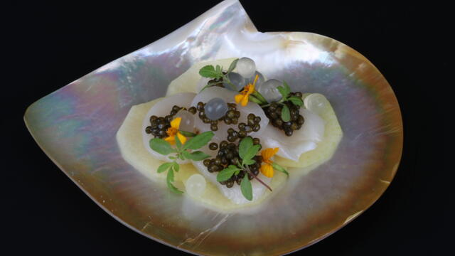 Jakobsmuschel mit Meyer Lemon Pearls und Kaviar
