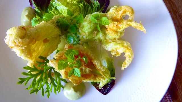 Courgette flower and tofu tempura, Atsina Cress hummus dip