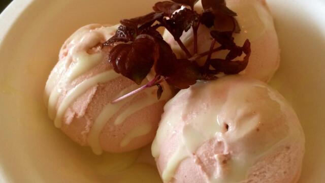 Plum ice-cream with wasabi and shiso