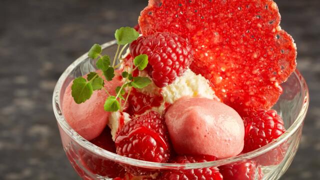 Vanilla ice cream with fruit Espuma - raspberry and raspberry raspberry