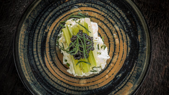 Braised celery darts with creamy potato and goat cheese and Imperial Hertiage caviar