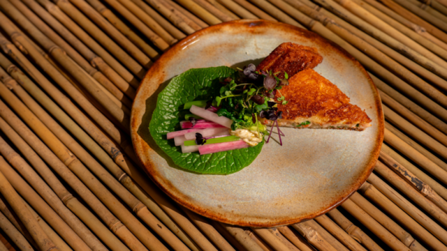 Prawn toast with langoustine and scampi, served with a radish salad, wasabi leaf and nori soy mayonnaise
