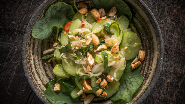 Cucumber salad with Thai basil, shallot, lime, red allspice, roasted peanuts and Syrha Leaves