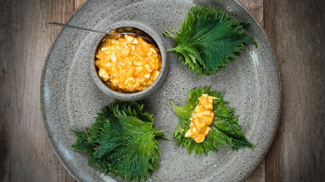 Finger food: Shiso Leaves Green with a spread of celery, tomato, egg mimosa and white truffle oil