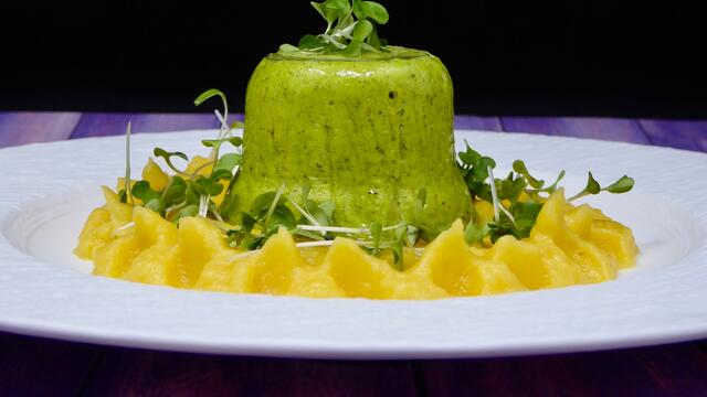 BroccoCress flan with carrot puree