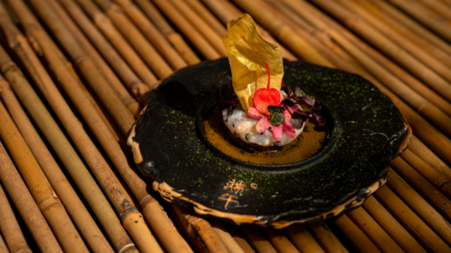 King bolete in a shell with langoustine tartare, shiso-wasabi and kombu