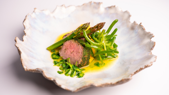 Roasted Cannon of Lamb with dried Tahoon Cress, Butternut Squash with Salty Fingers, Asparagus