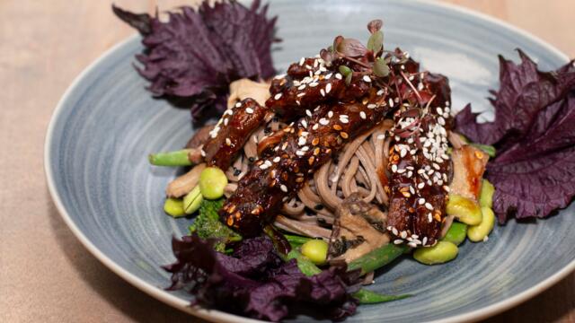 Sesame coated sticky Korean fried tempeh