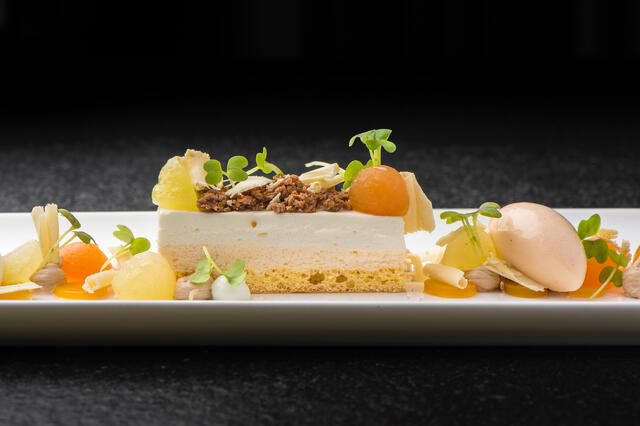 Melon, nougat, cottage cheese and Mustard Cress