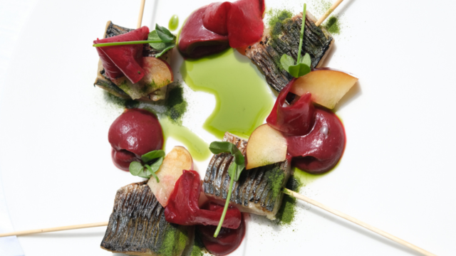 Marinated Mackerel with Emerald Algae Oil, Beetroot and Citra Leaves