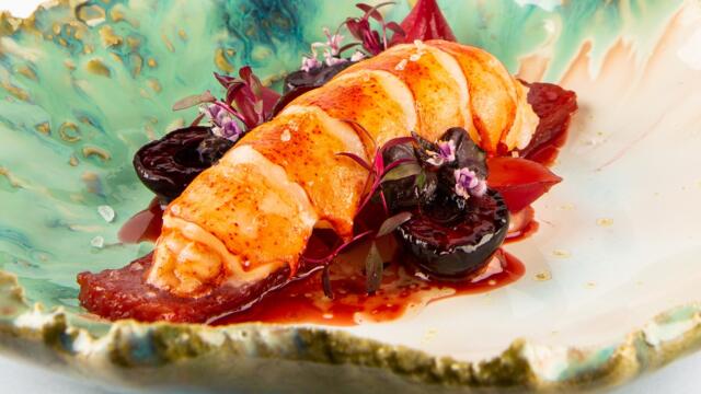 Lobster with cherry, red onion, Shiso Purple, zallotti blossom