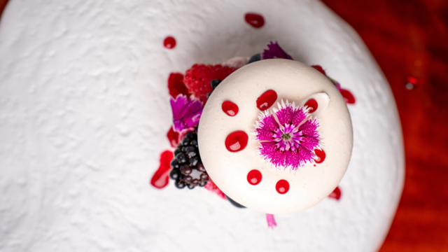 Meringue with Raspberry Cream, Berries and Fivola Blossom